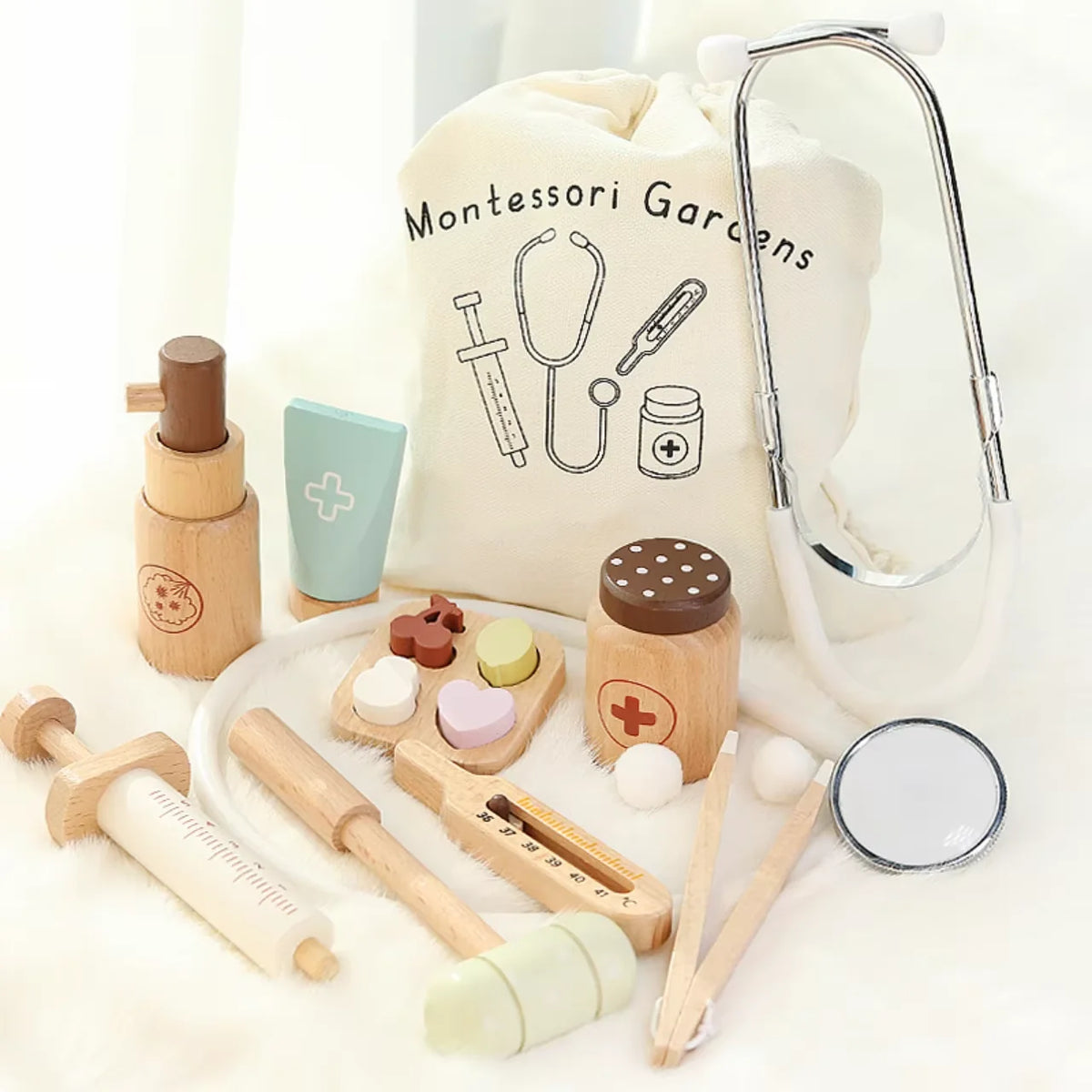 Children Playing House Simulation, Doctors, Nurses, Stethoscopes, Medical Kits, Syringes, Toy Sets, Wooden Boys and Girls